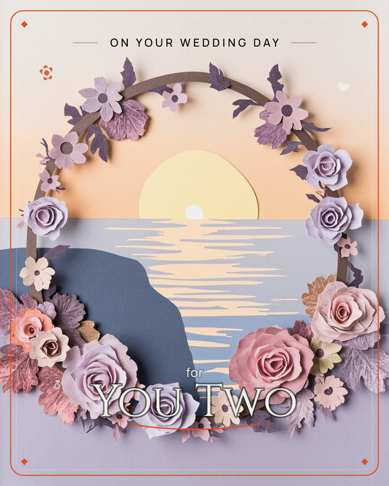 A paper-craft wreath of roses and small blossoms frames a layered ocean sunset, the pale sun sitting low over rippled water and a dark cliff edge, a wedding e-card design