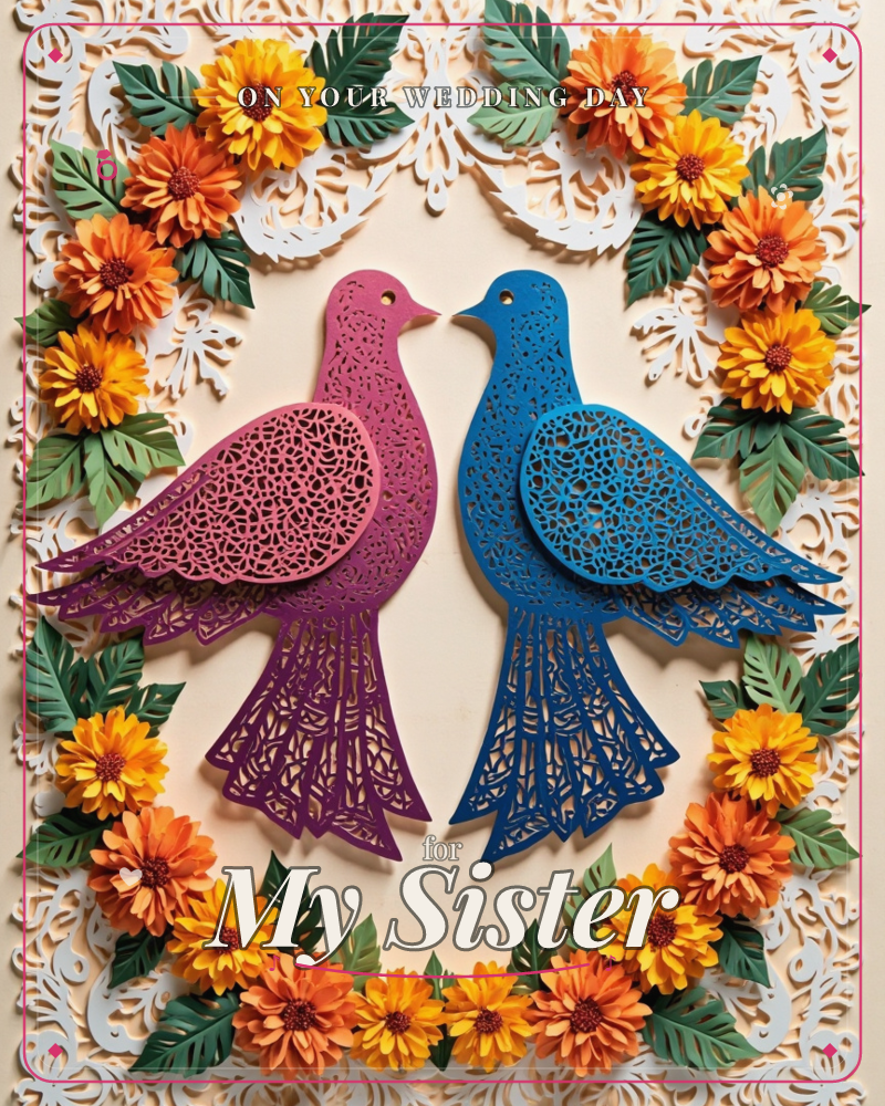 A layered paper-cut artwork on cream background: two birds face each other beak to beak at center, one magenta-pink with intricate lace-like cutout…, a wedding e-card design