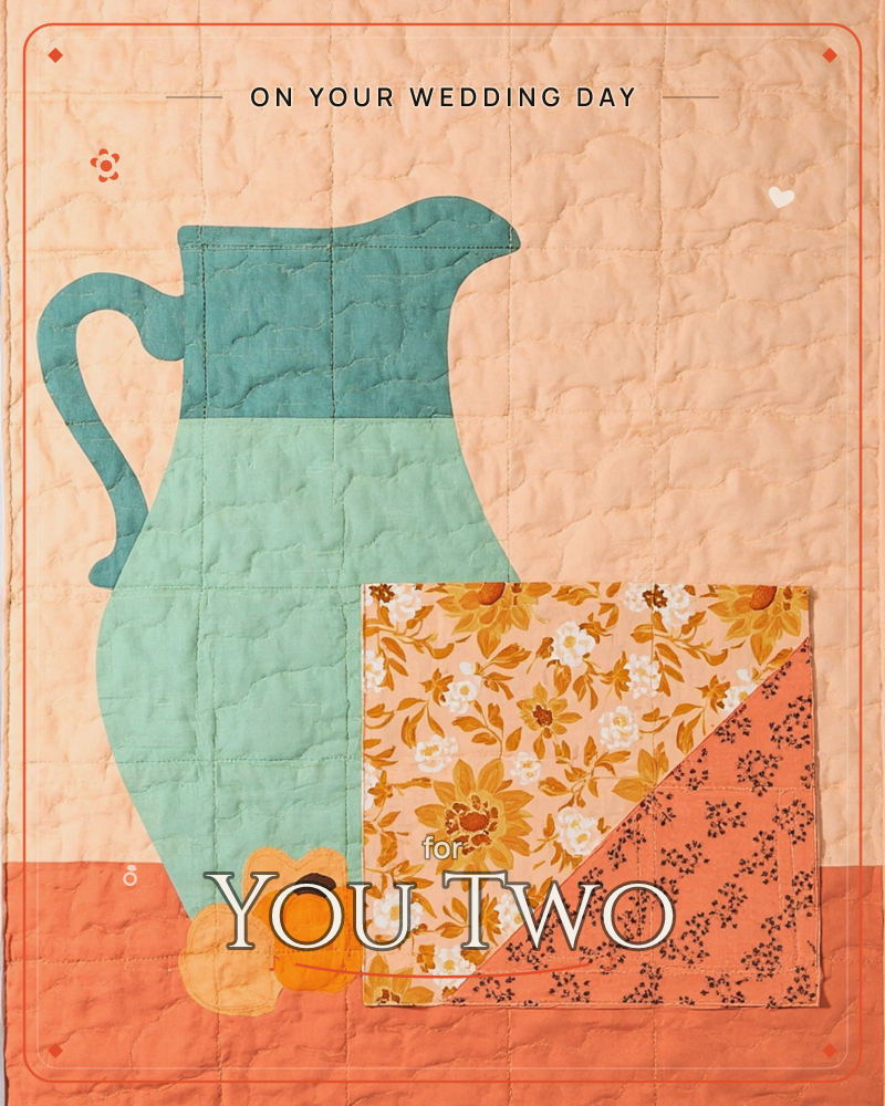 A quilted still-life card shows a teal and sage green pitcher standing on a peach tabletop, with two apricot-coloured fruits resting beside it, a wedding e-card design