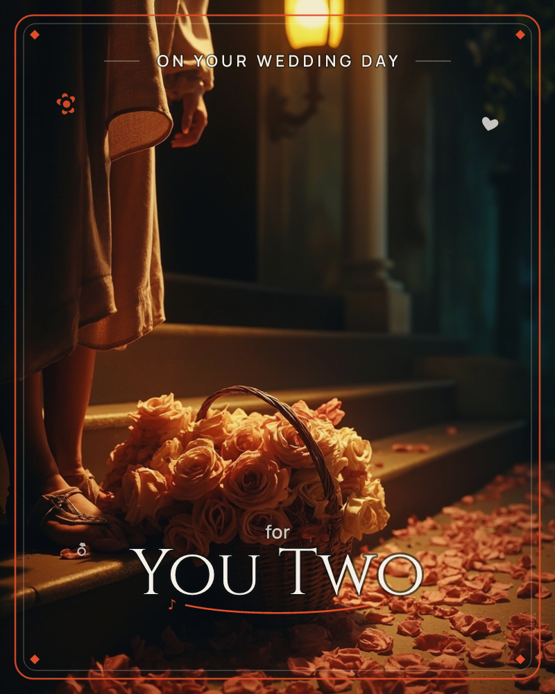 A figure in a long robe stands at the foot of a stone staircase beside a basket overflowing with peach roses, petals scattered loose across the steps, a wedding e-card design