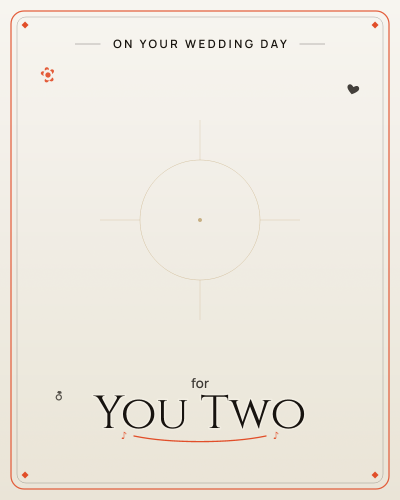 A single fine circle sits at the centre of a soft cream page, crossed by four thin lines like a compass mark, with one tiny golden dot glowing at its…, a wedding e-card design by @DittyCityTeam