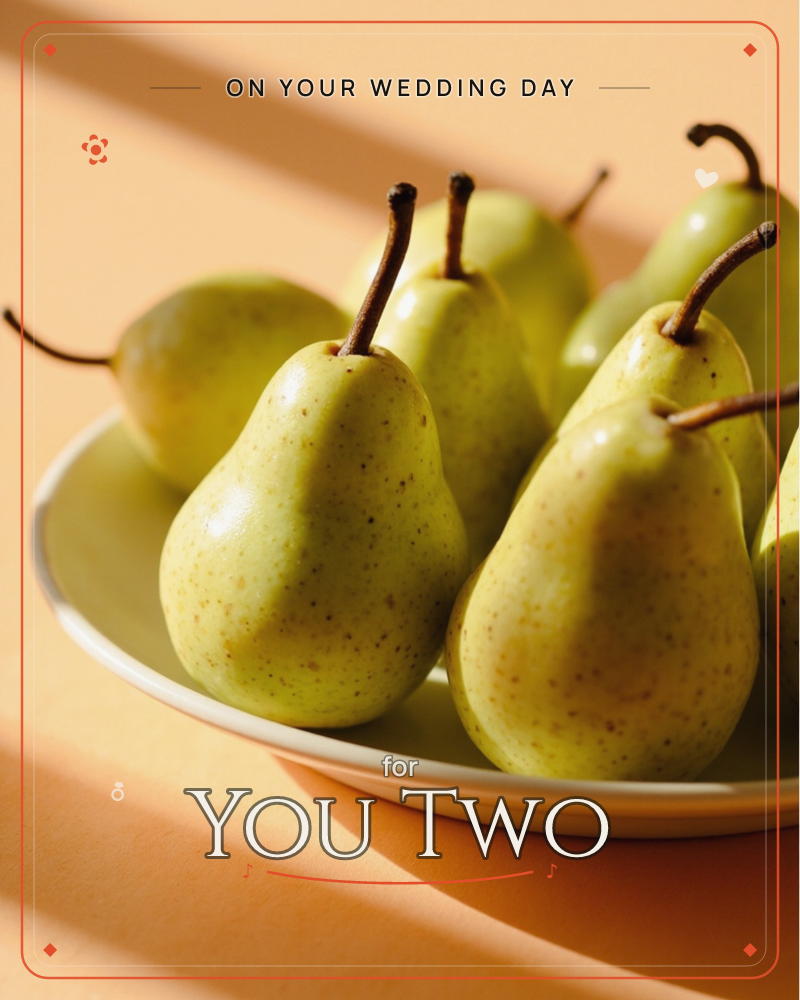 A close-up photograph of a pale plate piled with green-gold pears, their curved stems reaching up into sharp diagonal light, a wedding e-card design