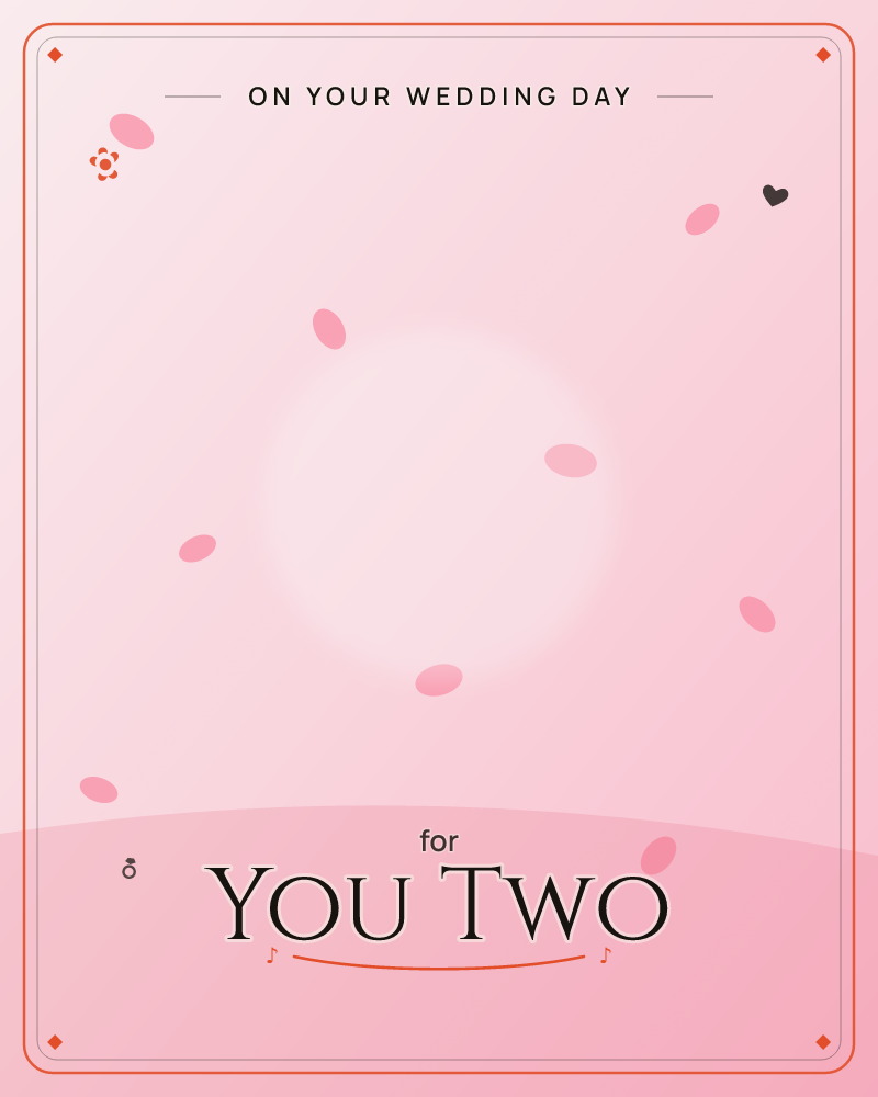 A soft pink void glows around a pale central light, like a sun dissolving into mist, while small petal shapes drift loosely across the space, a wedding e-card design by @DittyCityTeam