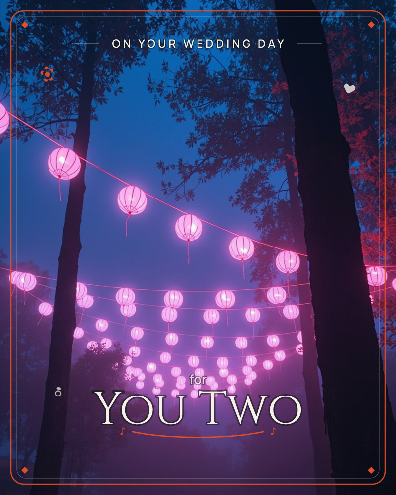 Strings of glowing pink lanterns are hung between dark tree trunks in a misty forest at dusk, their light haloed in the damp night air, a wedding e-card design