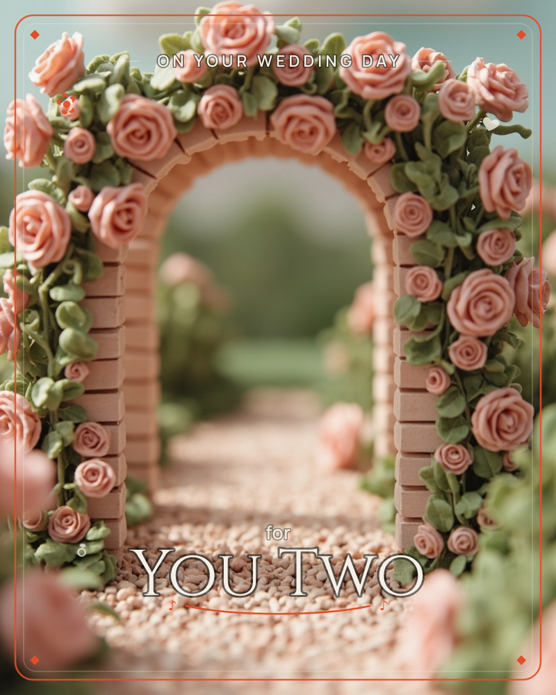 A miniature brick archway is wrapped in clay-like pink roses and trailing green leaves, opening onto a pebbled garden path that fades into soft focus, a wedding e-card design