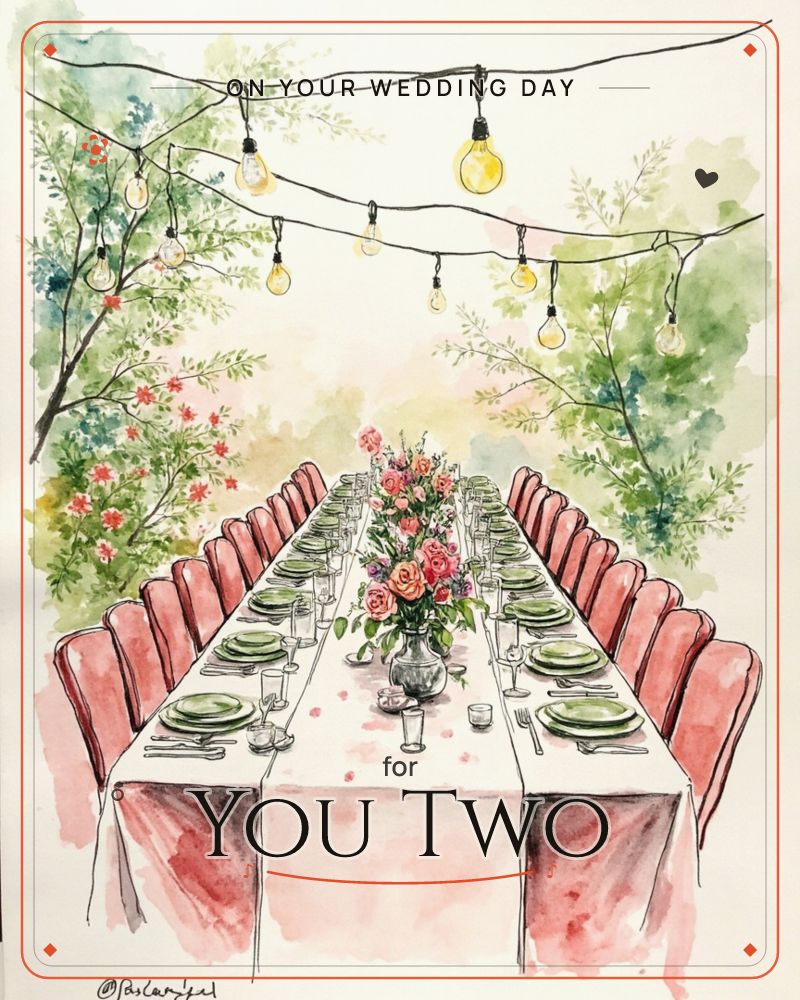 A long outdoor table stretches into the distance, set with green plates and glasses down both sides of pink velvet chairs, a bouquet of roses and…, a wedding e-card design