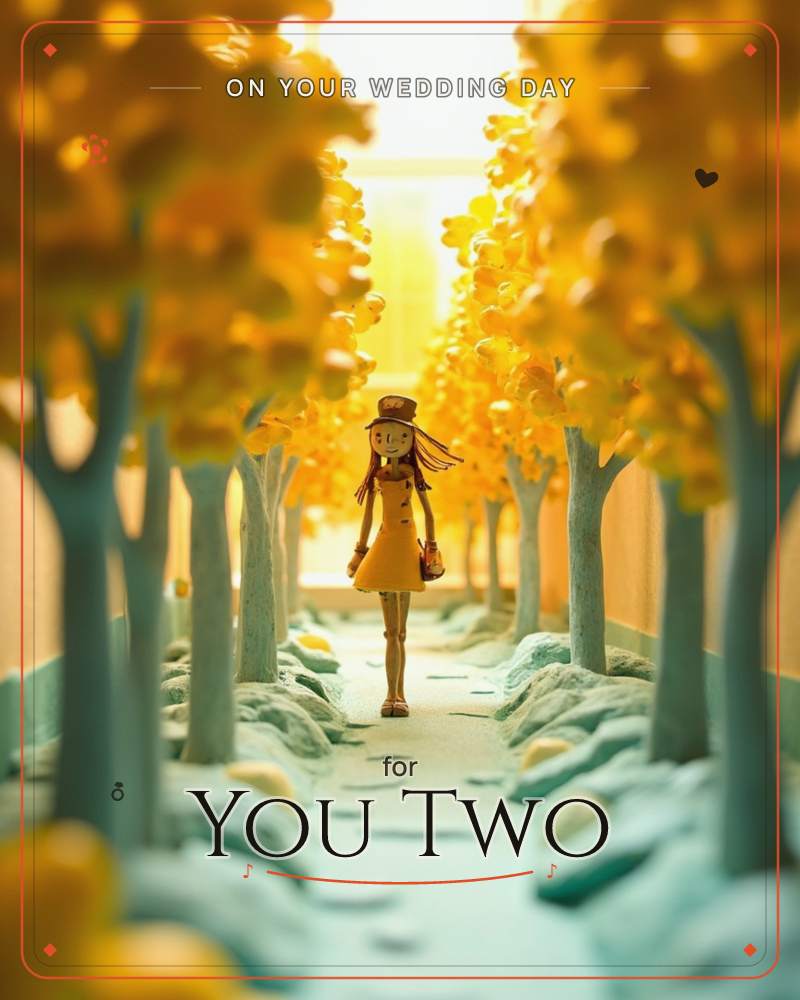 A miniature figure of a girl in a yellow dress and cap walks down a toy-like path lined with golden autumn trees, their leaves glowing amber in the…, a wedding e-card design