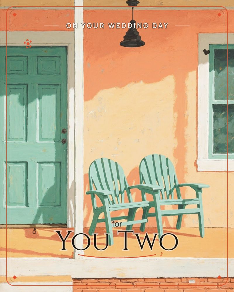 A sun-warmed porch glows orange under a black hanging lantern, two matching teal armchairs sitting side by side next to a panelled teal door, a wedding e-card design