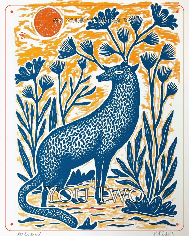 A stylised leopard-like creature stands amid tall flowering stems, its dappled coat rendered in dense linocut texture against a burnt-orange sky, a wedding e-card design