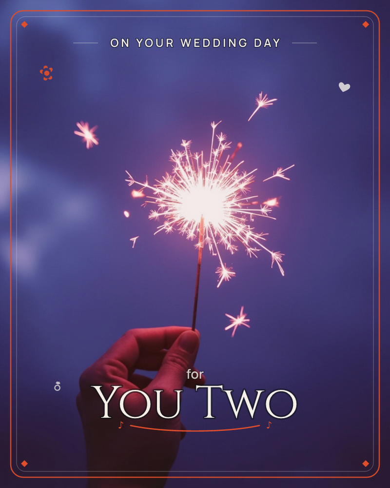 A hand emerges from the shadows at the bottom of the frame, holding a lit sparkler that bursts into a starry white-hot flare against a deep…, a wedding e-card design