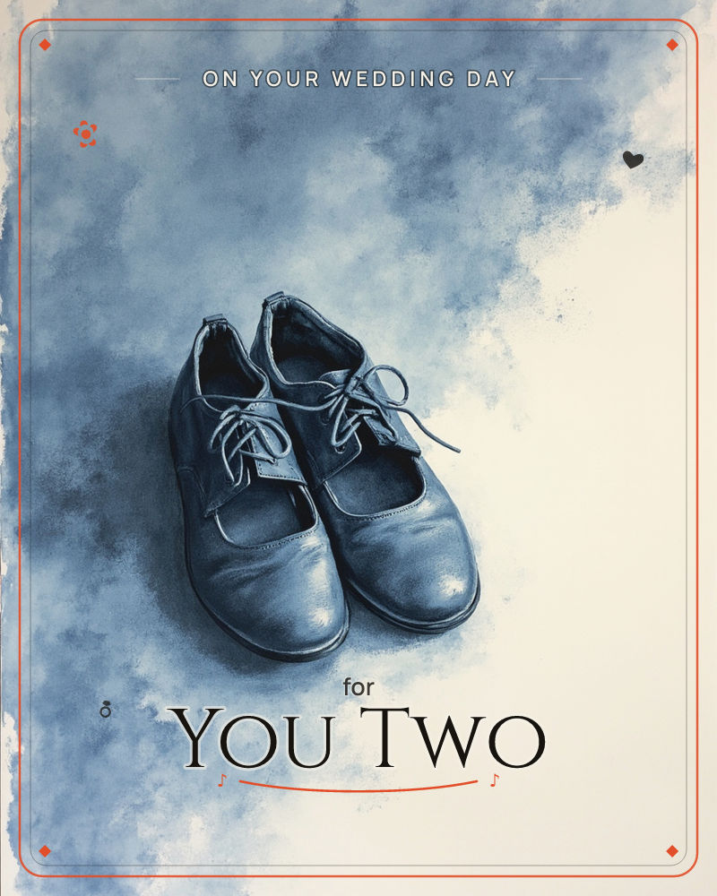A pair of small leather lace-up shoes sits alone against a smoky, clouded blue-grey background that fades into pale light on one side, a wedding e-card design