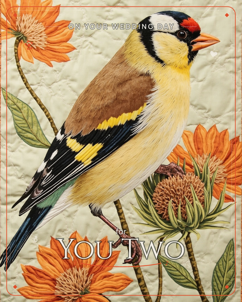 A European goldfinch perches among orange coneflowers rendered with the raised, stitched texture of a fabric quilt, a wedding e-card design