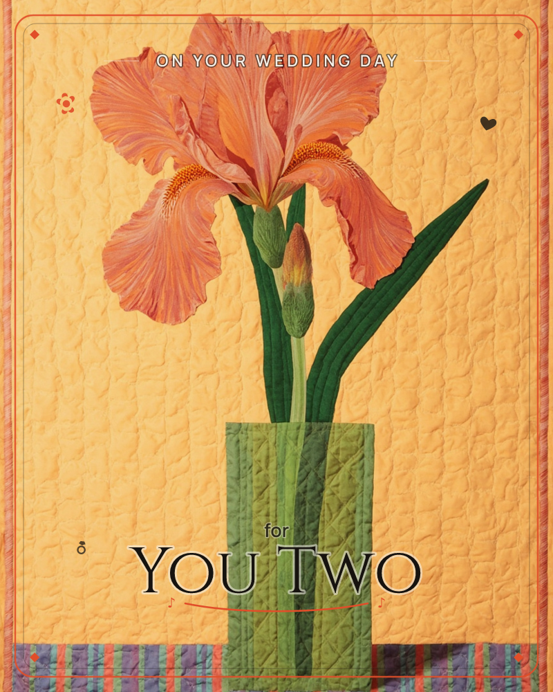 A single peach-orange iris in full bloom stands in a tall sage-green vase against a warm golden backdrop, its ruffled petals and slender bud rendered…, a wedding e-card design