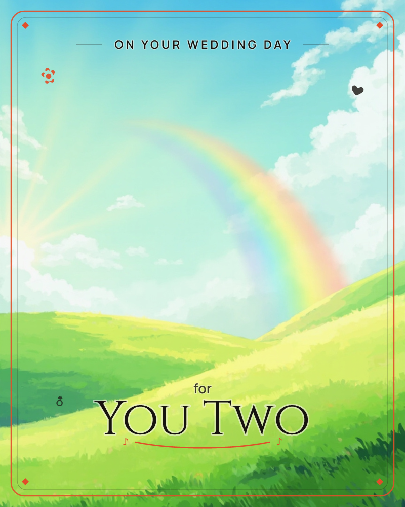 Sunlight bursts from the left horizon over rolling green hills, casting long golden rays across a pale blue sky, a wedding e-card design