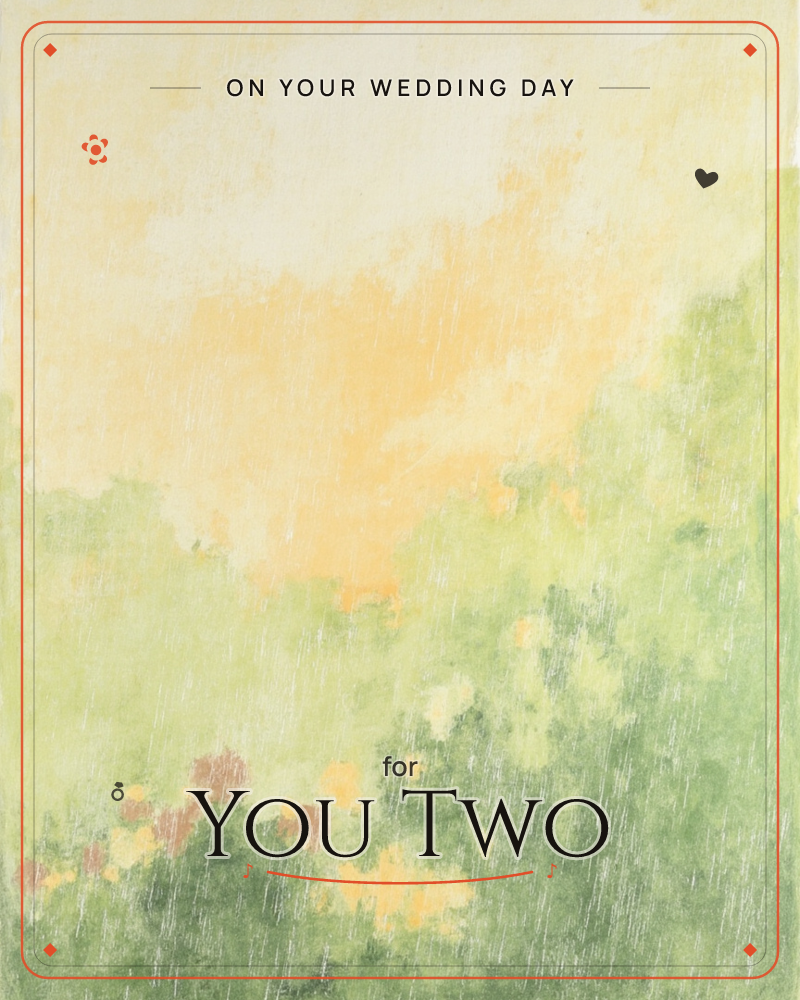 A soft, sunlit meadow scene dissolves into mist, with a warm golden glow rising through green foliage and faint streaks like falling rain or light, a wedding e-card design