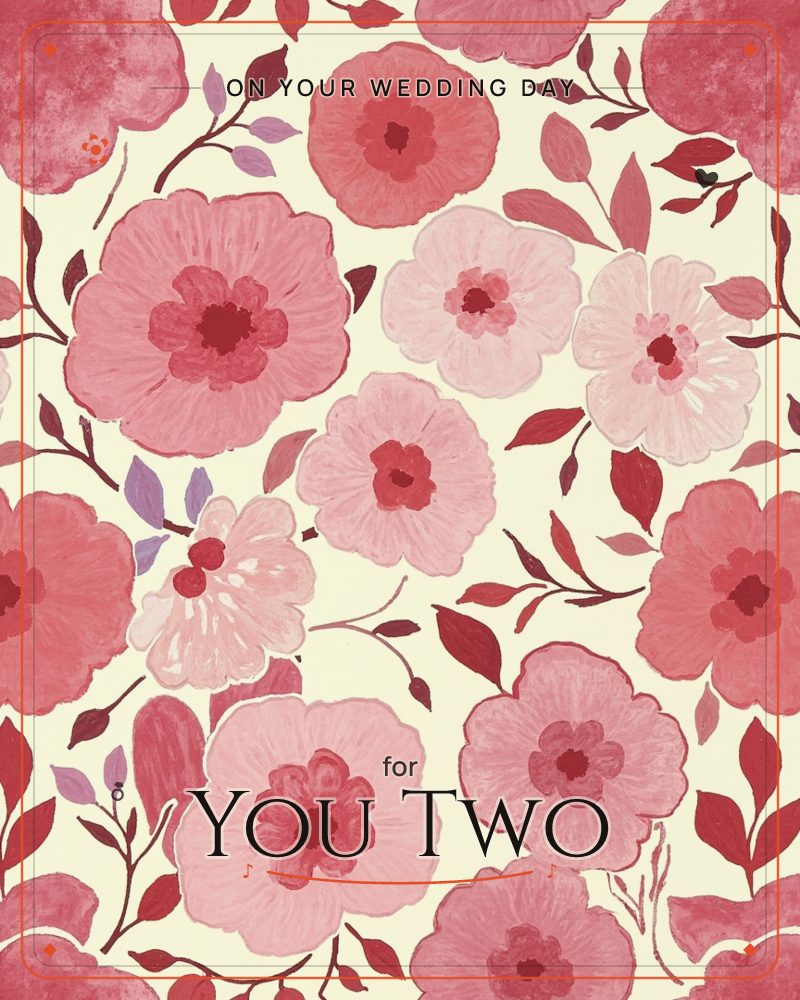 A dense repeating pattern of full-blown roses in varying shades of pink and crimson covers the card edge to edge, painted with soft brushy petals and…, a wedding e-card design