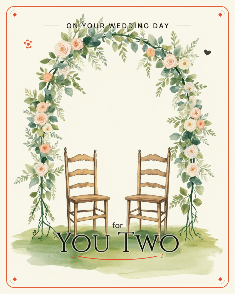 A floral arch made of roses, peonies and trailing greenery frames two empty wooden ladder-back chairs standing side by side on a patch of grass, a wedding e-card design