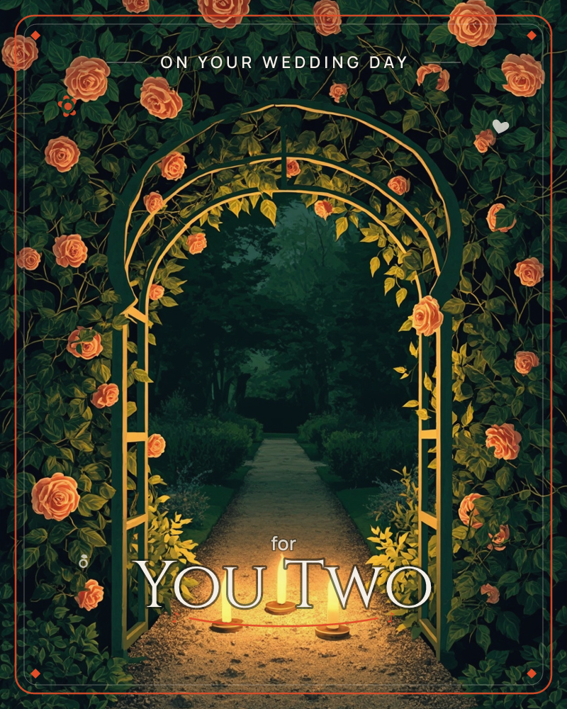 A golden arbour trellis stands twined with peach roses and dark green leaves, framing a shadowy garden path that vanishes into misty trees beyond, a wedding e-card design