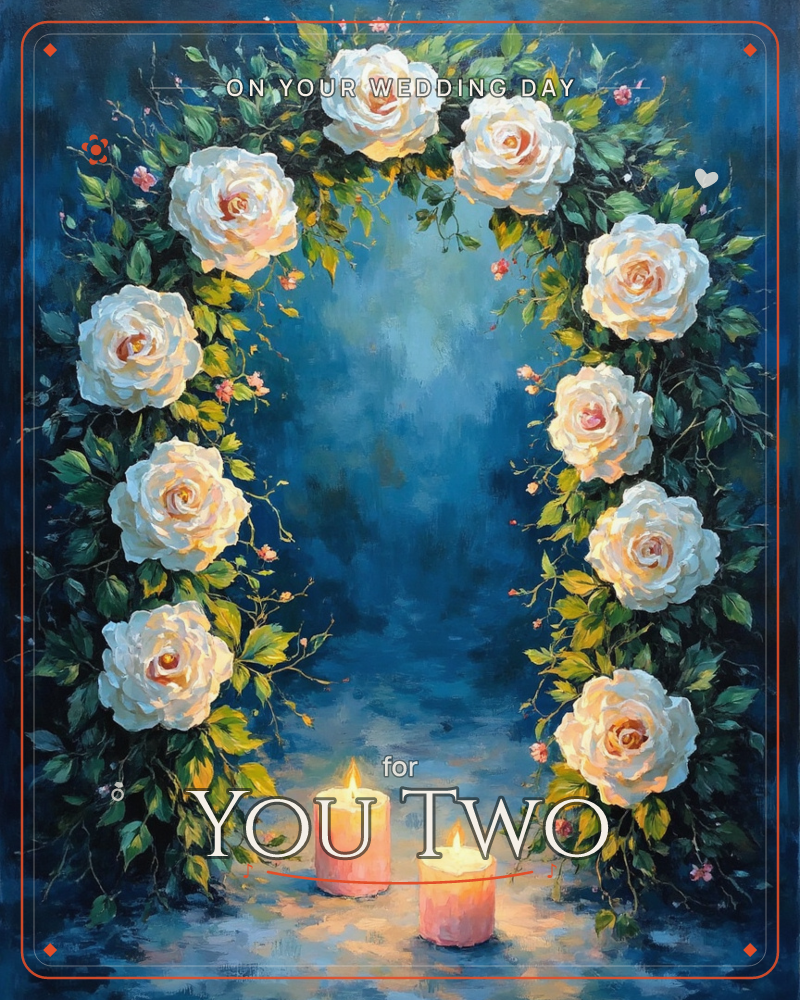 A painted archway of creamy white roses and green foliage curves around a glowing patch of deep teal-blue mist, with two lit candles standing on a…, a wedding e-card design