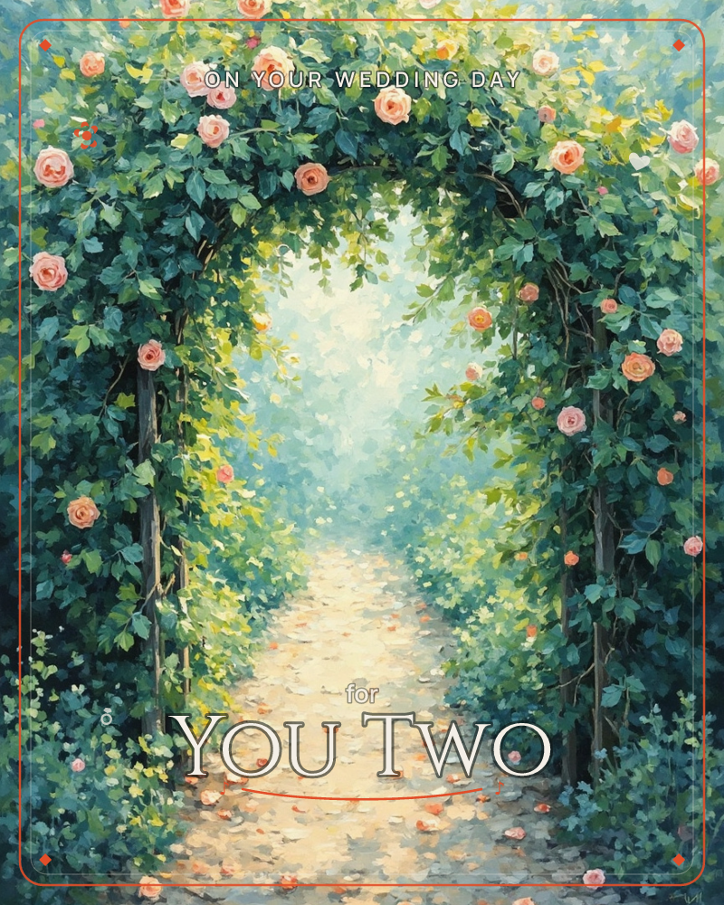 A garden arch thick with climbing roses frames a sunlit path that leads off into soft, hazy greenery, a wedding e-card design