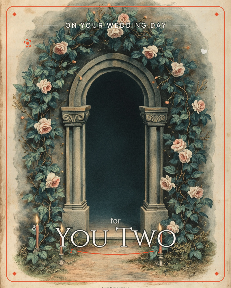 A stone archway with carved columns stands wreathed in climbing roses and dark green ivy, two candles flickering at its base, a wedding e-card design