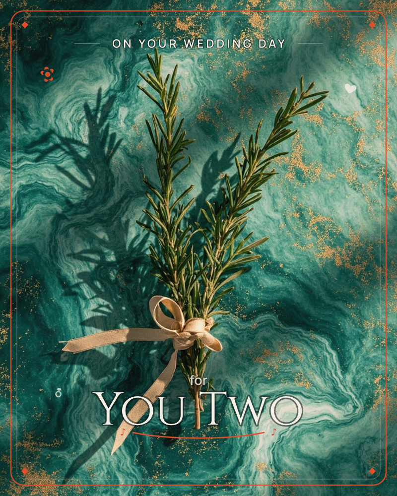 A small sprig of rosemary is tied with a pale gold ribbon and laid flat against a swirling teal marble background flecked with gold dust, a wedding e-card design