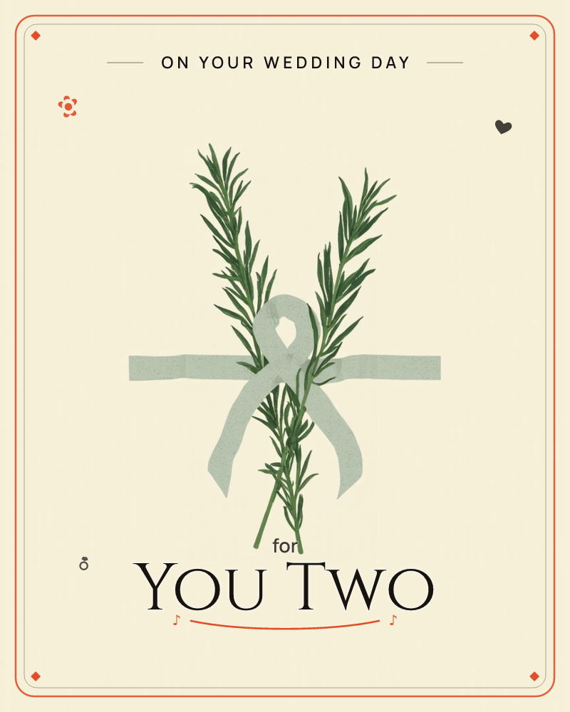 Two sprigs of rosemary cross like a small bouquet, tied together with a pale sage-grey ribbon against a warm cream background that fades to dark…, a wedding e-card design