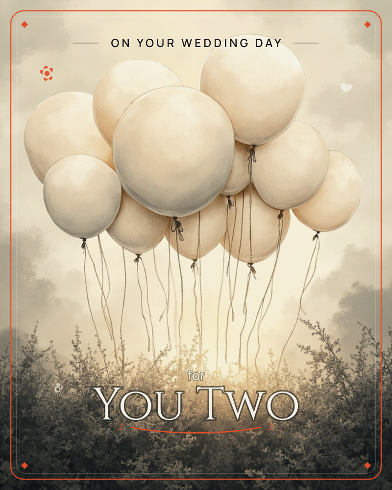 A cluster of pale cream balloons drifts above a hazy hedgerow, their strings trailing loose against a misty, sepia-toned sky, a wedding e-card design