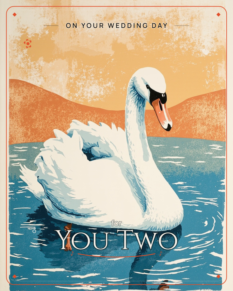 A white swan glides across a rippling blue lake beneath a warm orange sunset sky, its long neck curved elegantly and one webbed foot visible mid-paddle, a wedding e-card design