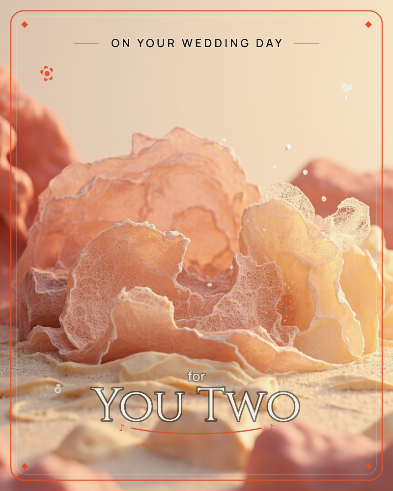 A close-up render of coral-like ruffled forms in coral-pink and warm cream, their frilled edges catching a soft glow against a pale peach backdrop, a wedding e-card design