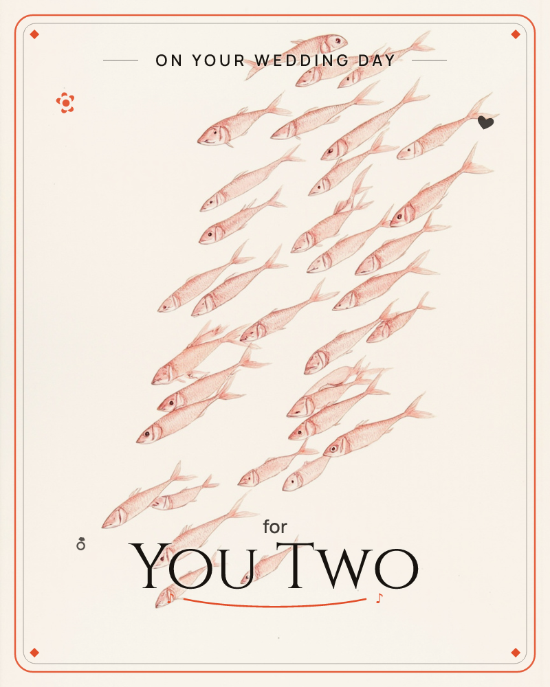 A diagonal shoal of small fish drawn in fine reddish-orange line and wash, all facing the same direction as if swimming together across the cream page, a wedding e-card design