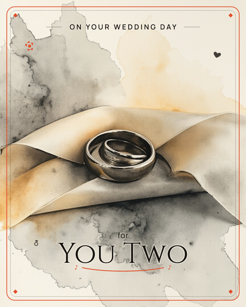 Two silver wedding bands rest nestled together on a knotted swathe of pale ribbon, painted in soft watercolour washes of grey and amber, a wedding e-card design