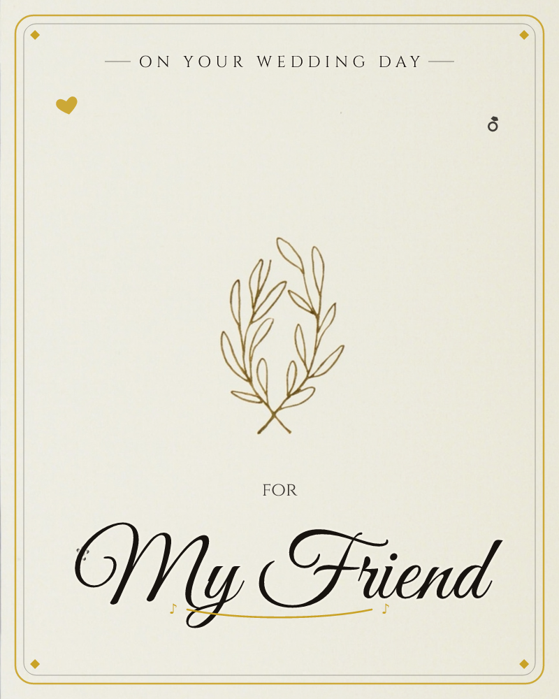 A small gold laurel wreath sits centred on a plain cream card, drawn as a delicate line illustration with two crossed sprigs at the base, a wedding e-card design