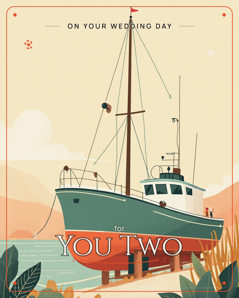 A weathered fishing boat rests on wooden props at the edge of a shore, its teal hull and rusty red bottom bright against a hazy cream sky and soft…, a wedding e-card design