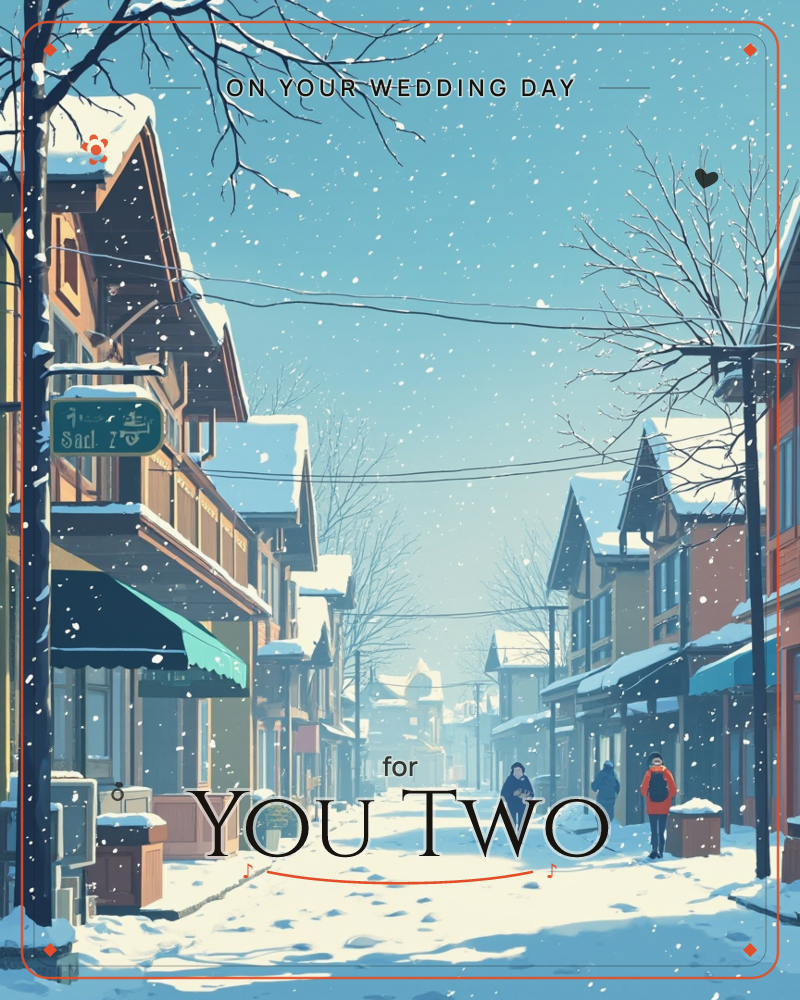 A quiet town street is blanketed in fresh snow, with steep-roofed shops lining both sides and bare branches dusted white overhead, a wedding e-card design