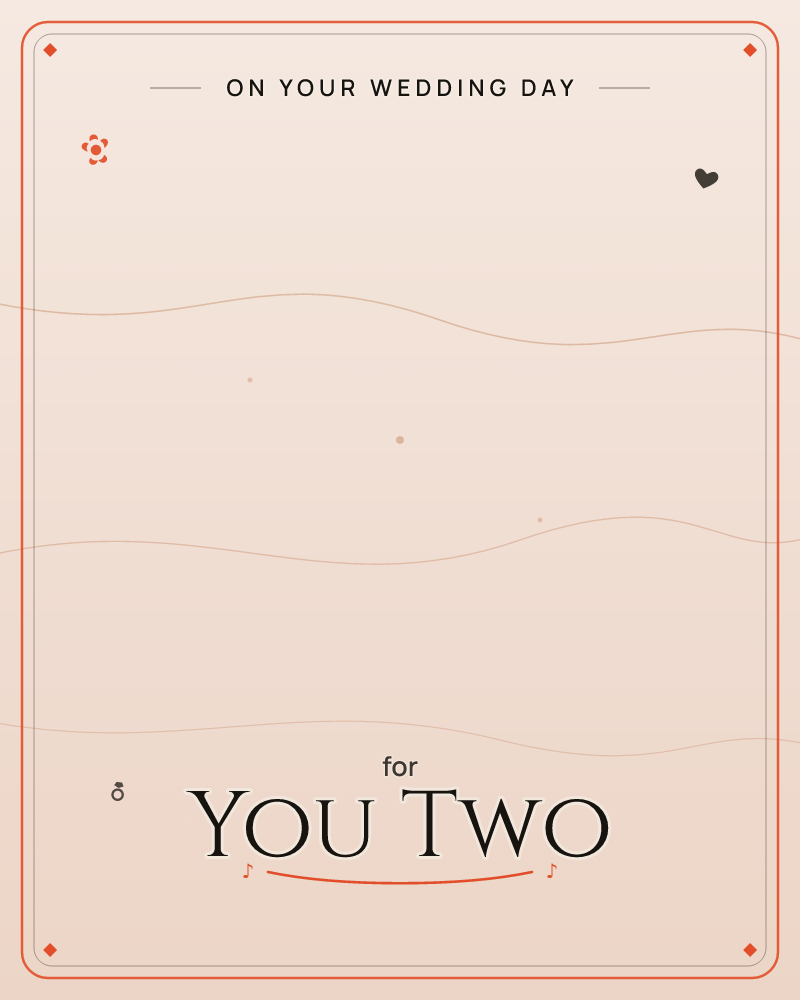 A soft blush-toned background is crossed by three thin wavy lines drifting horizontally like gentle sound waves or distant dunes, with a scatter of…, a wedding e-card design by @DittyCityTeam