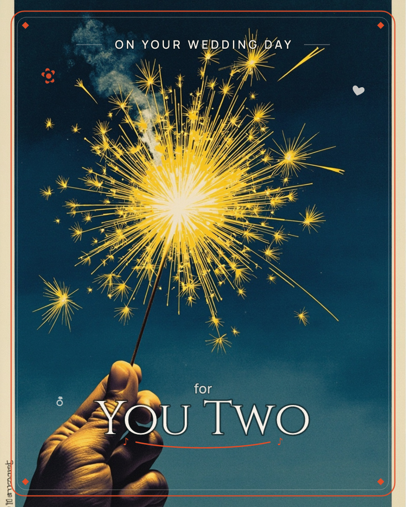 A hand holds a lit sparkler against a deep navy night sky, its golden sparks bursting outward in a dense starburst with wisps of smoke curling above, a wedding e-card design