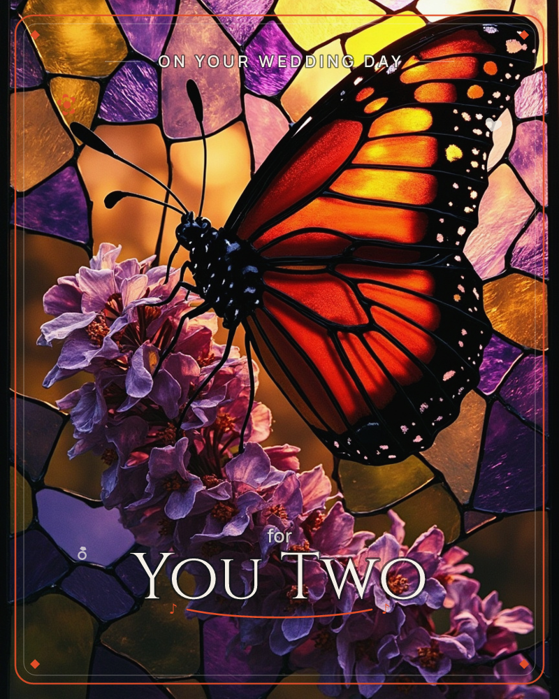 A monarch butterfly rests on a cluster of pale pink blossoms, its wings glowing orange and black against a stained-glass mosaic of purple, amber and…, a wedding e-card design
