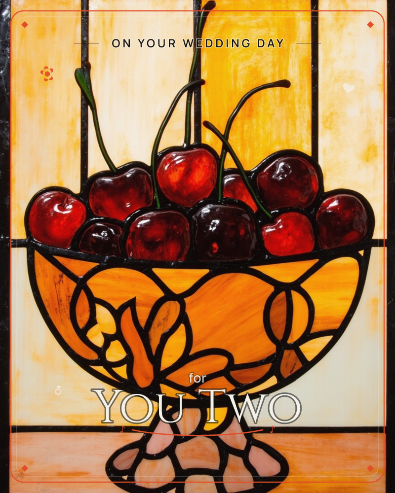 A stained-glass style illustration shows a pedestal bowl piled high with glossy dark cherries, their curling green stems reaching upward, a wedding e-card design