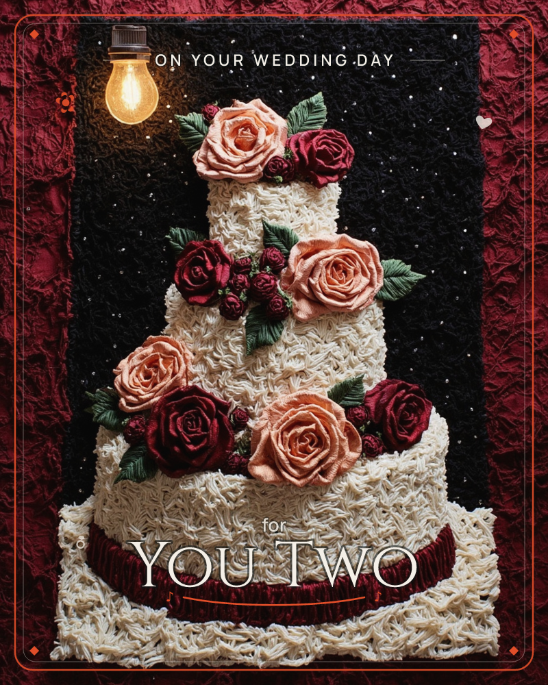 A four-tier cake with thick, textured white frosting stands against a starry black backdrop, framed by crinkled deep-red fabric, a wedding e-card design