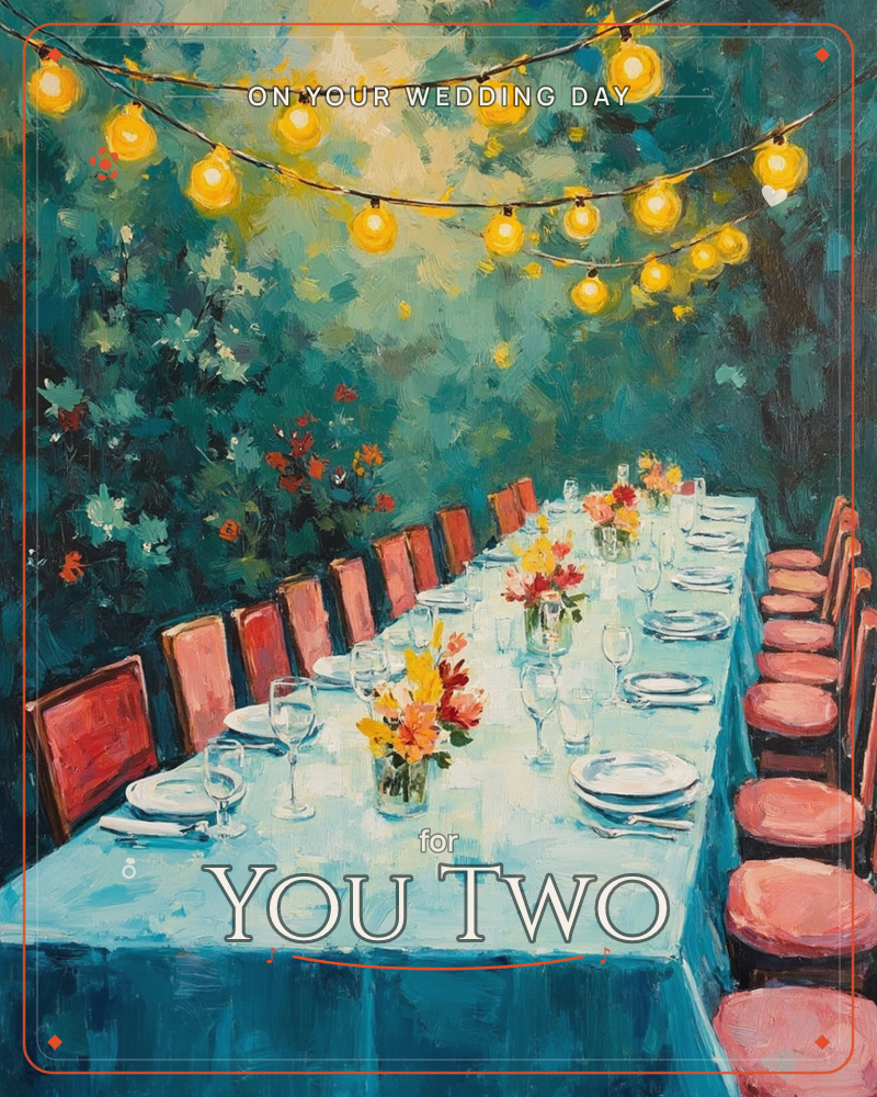 A long outdoor table is set for a party under a canopy of glowing string lights, its white cloth lined with plates, wine glasses and small vases of…, a wedding e-card design