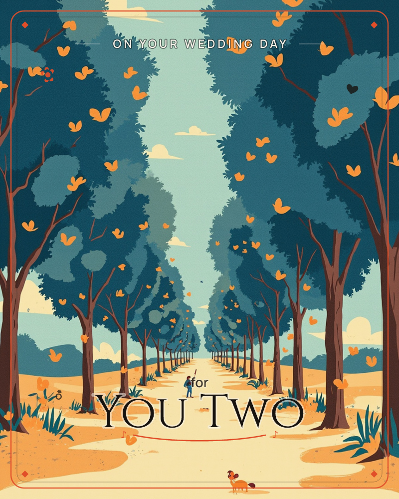 A long tree-lined path stretches into the distance beneath a canopy of deep teal foliage scattered with orange leaf-like blossoms drifting through the air, a wedding e-card design