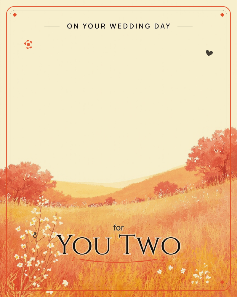 A rolling meadow glows in warm amber and rust tones under a pale, empty sky, with two autumn trees framing a distant hill, a wedding e-card design