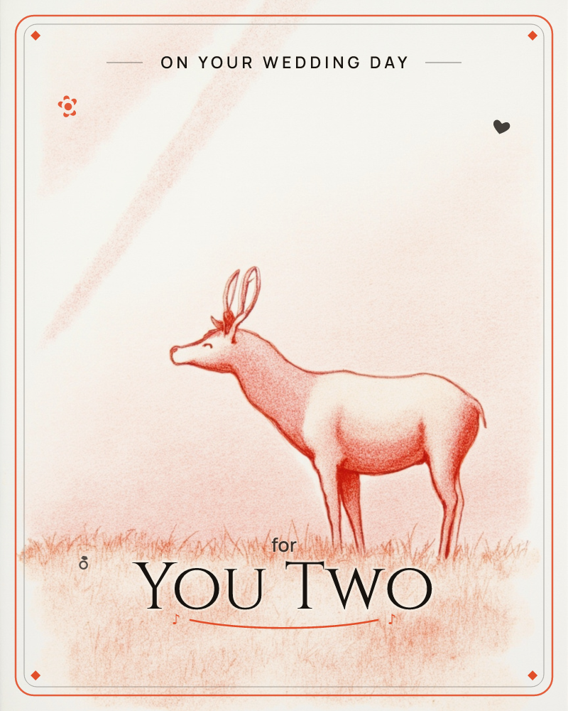 A young stag with small antlers stands alone in a field of sketchy grass, rendered entirely in soft sanguine red pencil strokes on cream paper, a wedding e-card design