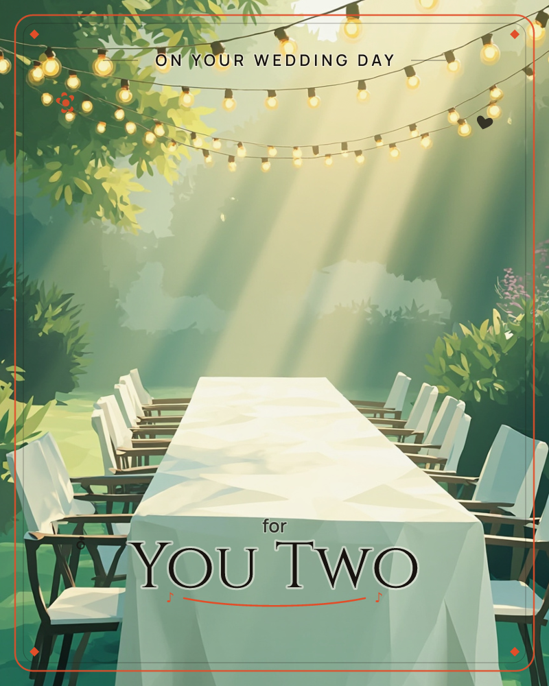 A long banquet table dressed in white linen stretches beneath a leafy canopy, flanked by rows of empty chairs waiting to be filled, a wedding e-card design
