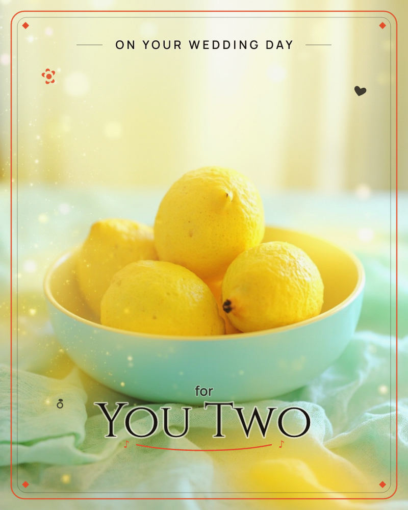 A pale mint-green bowl piled with fresh lemons sits on a soft draped cloth of the same green, glowing sunlight and drifting sparkles softening the…, a wedding e-card design