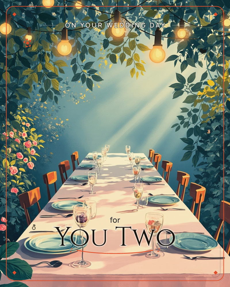 A long table is set for a garden feast beneath a leafy archway strung with warm glowing bulbs, sunlight breaking through the canopy in soft beams, a wedding e-card design