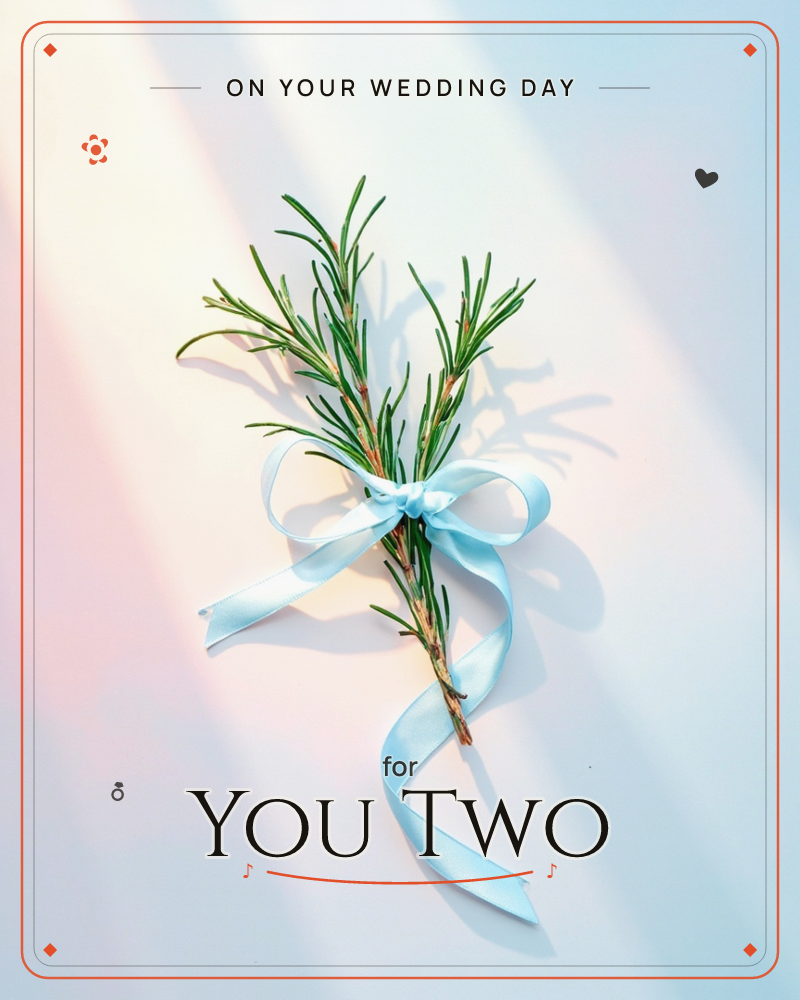 A small bundle of rosemary sprigs is tied with a pale blue satin ribbon and photographed flat on a neutral surface, sunlight streaming in diagonal…, a wedding e-card design
