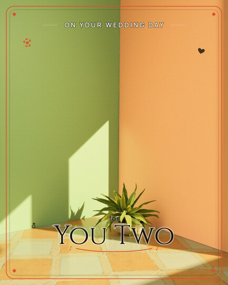 A small potted agave sits in the corner of a sunlit room where a green wall meets a warm orange one, the floor laid with glossy terracotta and cream tiles, a wedding e-card design