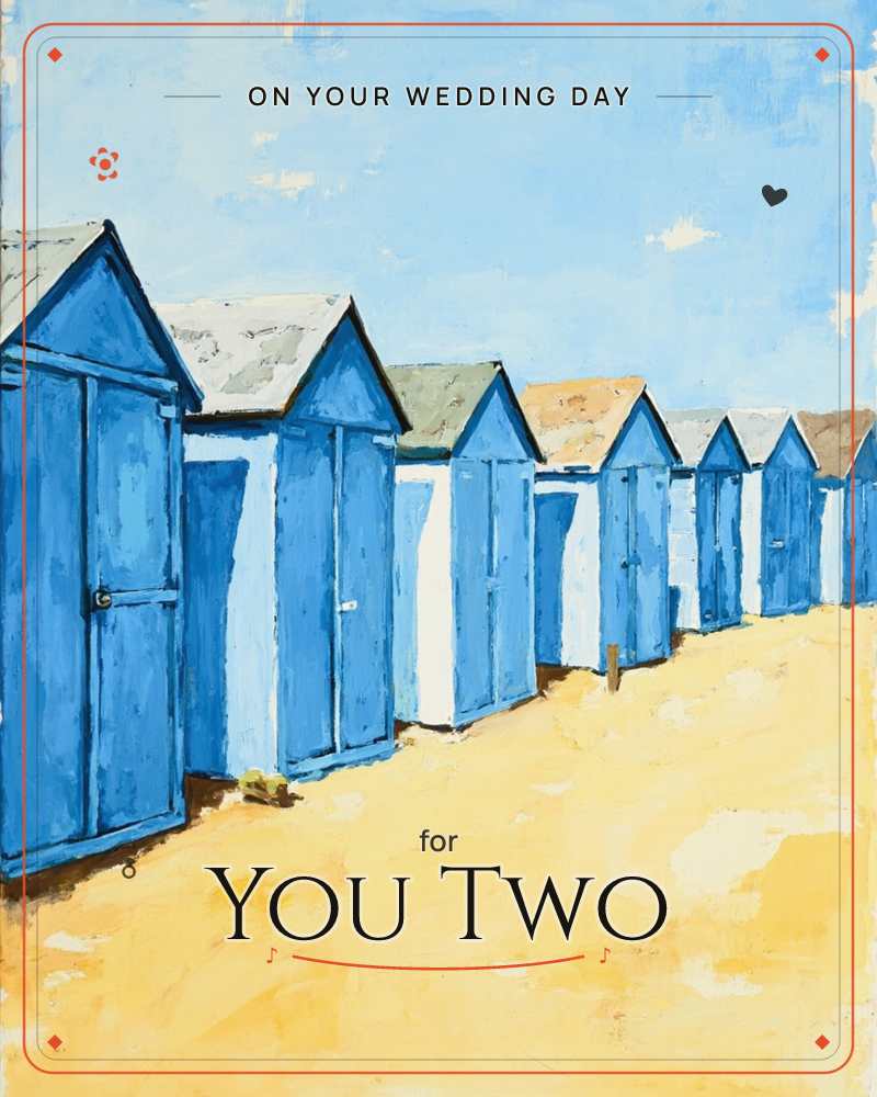 A row of blue and white beach huts marches diagonally across golden sand under a wide pale sky, a wedding e-card design